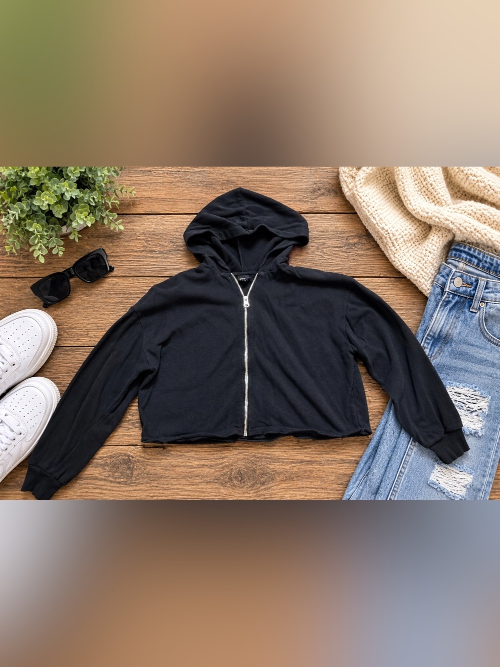 Art Class Girls L 10/12 Black Cropped Full Zip Hoodie Sweatshirt